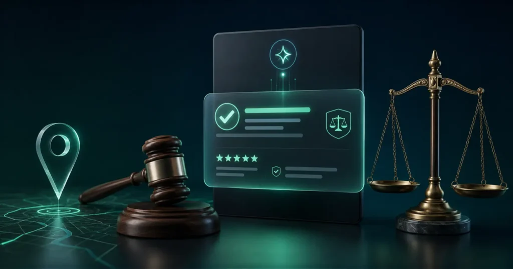Personal injury law concept showing a legal recommendation panel, gavel, scales of justice and location marker, representing AI answers for finding the best PI lawyer nearby.