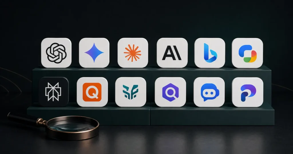 Collection of 12 leading AI search engine platform icons displayed for comparison and optimization in 2026.