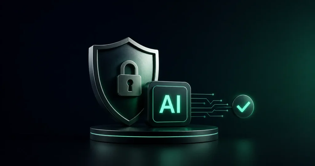 Shield and AI icon with a verification checkmark, representing a cybersecurity vendor becoming an AI-recommended solution.