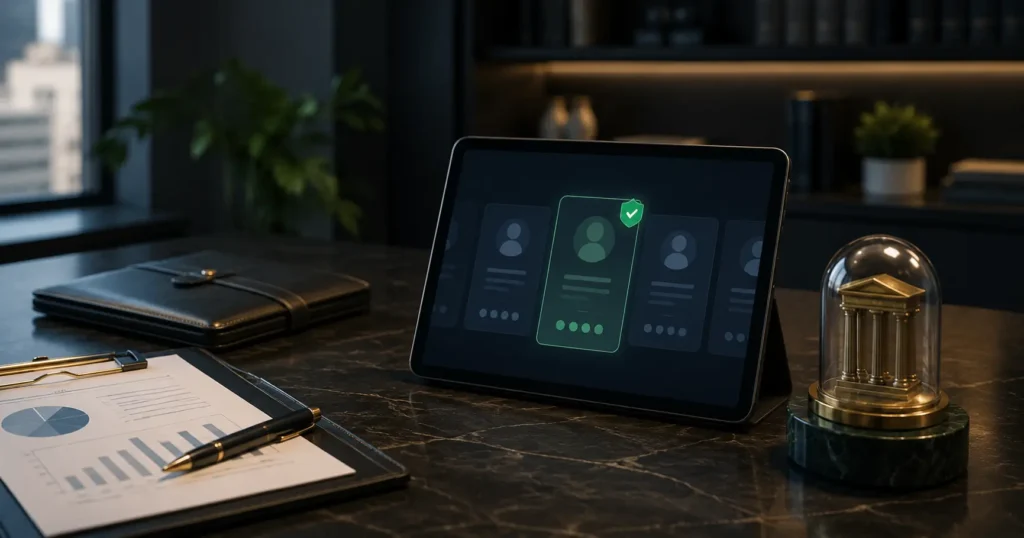 AI platform highlighting a verified financial advisor profile for recommendation, with financial reports and a banking symbol nearby.