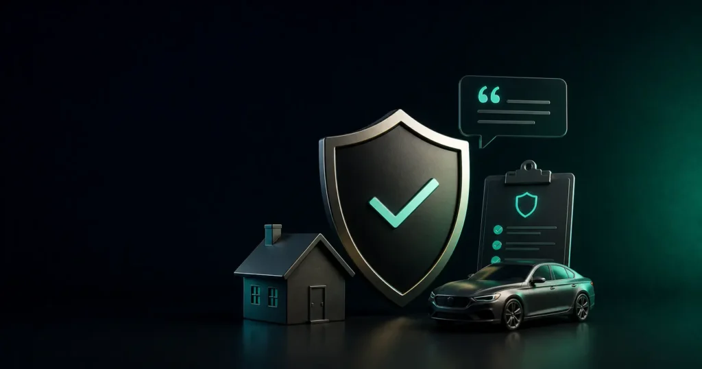 Insurance-themed illustration with a protection shield, home, car and verified policy information, representing AI-powered insurance recommendations and quote visibility.