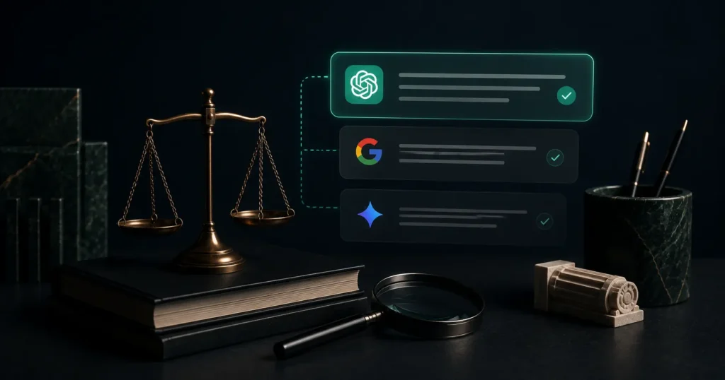 Legal-themed AI SEO illustration with scales of justice and recommendation panels showing a law firm being surfaced in ChatGPT and Google AI search results.