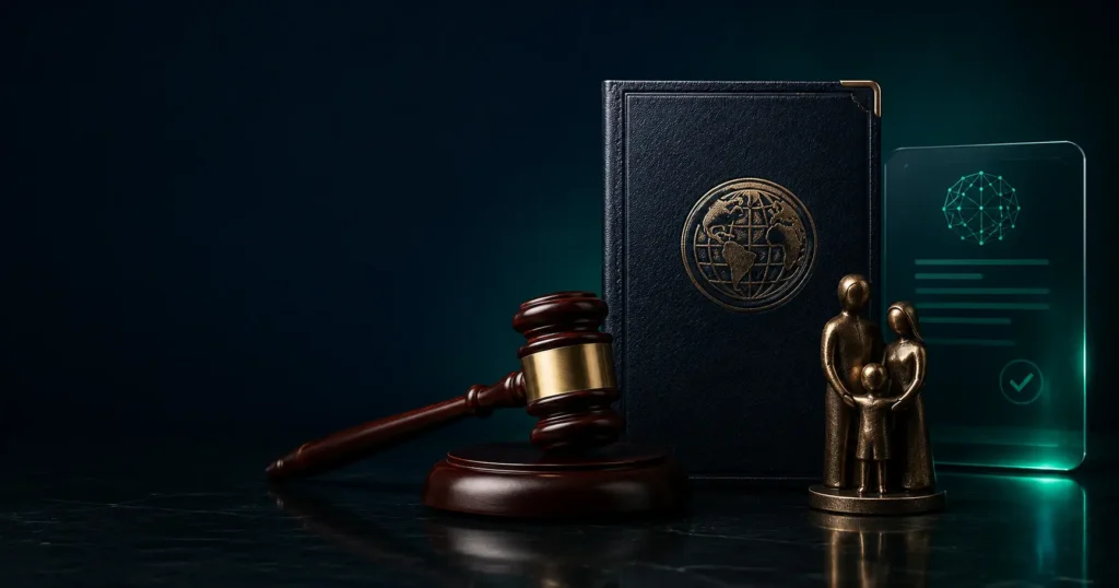 Immigration and family law concept with a legal gavel, passport, family figure and AI citation panel, representing AI visibility during long legal research journeys.