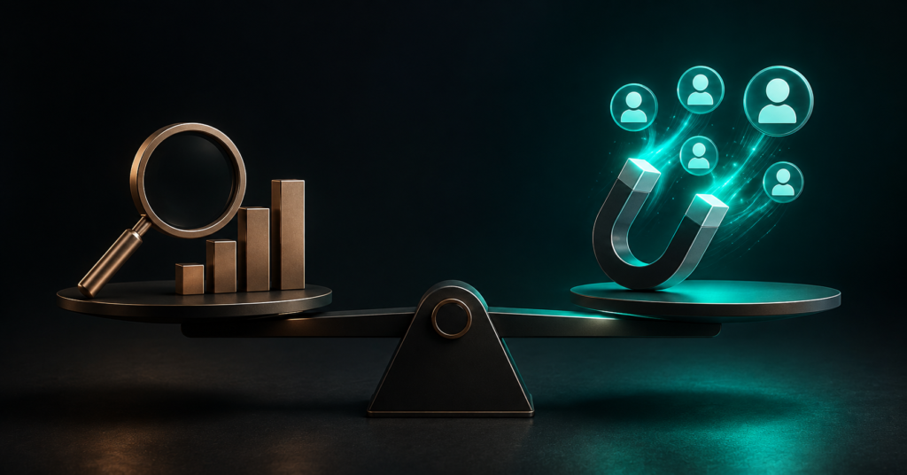 3D comparison of traditional financial services SEO and AI SEO, showing search analytics versus AI-powered lead attraction.