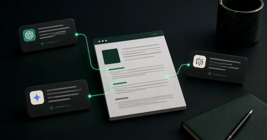 Web content connected to ChatGPT, Gemini and Perplexity, illustrating Generative Engine Optimization for AI search visibility