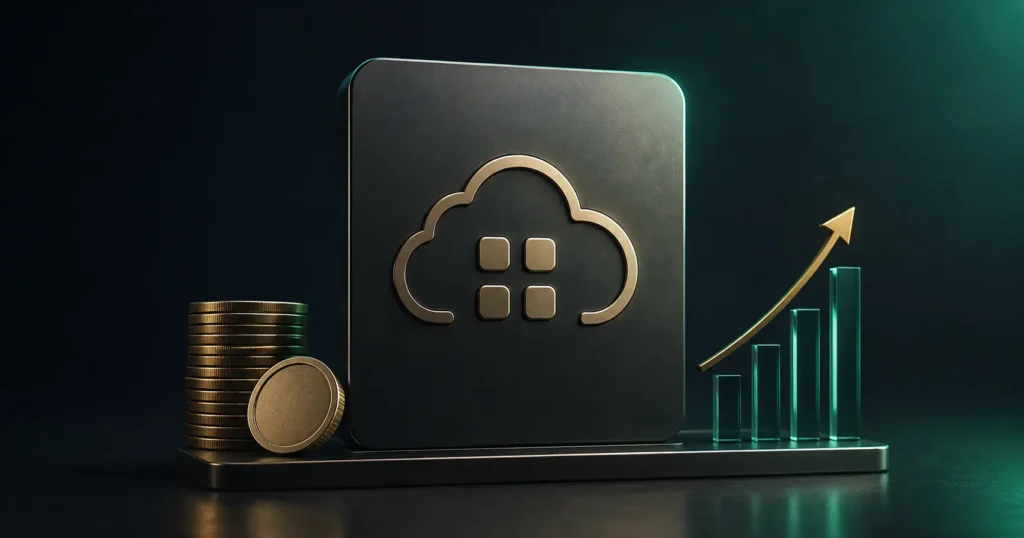 3D illustration of GEO costs for a SaaS company with a cloud platform, stacked coins and rising ROI chart.