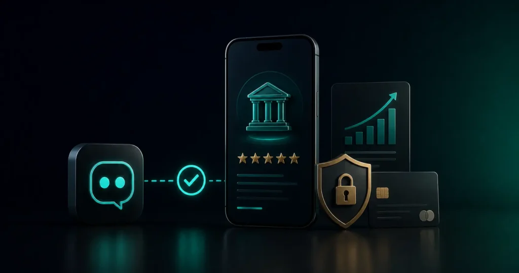 Fintech app visibility concept showing an AI assistant, verified financial platform, security shield and growth analytics representing GEO optimisation for AI recommendations.