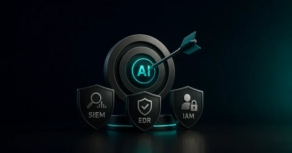AI optimisation concept with a target, arrow and SIEM, EDR and IAM security categories, representing GEO strategies for becoming the preferred AI recommendation in cybersecurity subcategories.