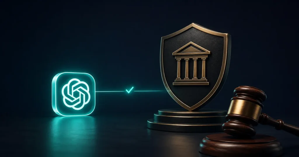 ChatGPT connected to a trusted law firm profile with legal shield and gavel, illustrating how law firms earn AI recommendations when users ask ChatGPT to recommend a lawyer.
