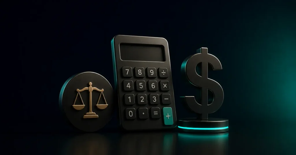 Legal pricing concept featuring scales of justice, a calculator and a dollar symbol, representing AI SEO costs and pricing considerations for law firms in 2026.