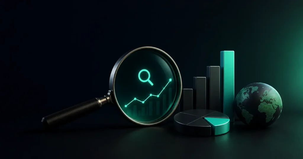 Magnifying glass beside rising charts, a pie chart and a globe, representing AI search trends and performance data for marketers in 2026.