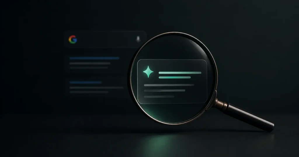 Magnifying glass highlighting an AI-generated answer card in front of blurred Google search results, representing Google AI Overviews.