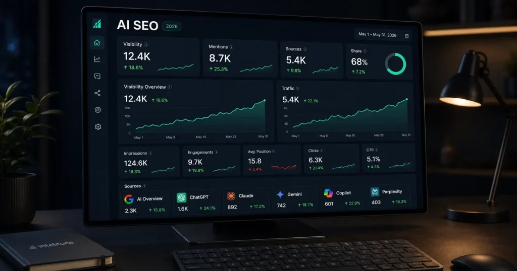 AI SEO analytics dashboard displaying visibility, traffic, mentions, clicks and performance across ChatGPT, Google AI Overview, Claude, Gemini, Copilot and Perplexity.