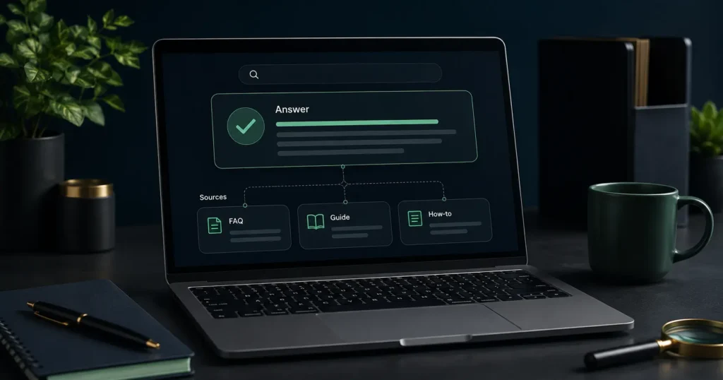 Laptop showing an AI-generated answer connected to FAQ, guide and how-to sources for Answer Engine Optimization.