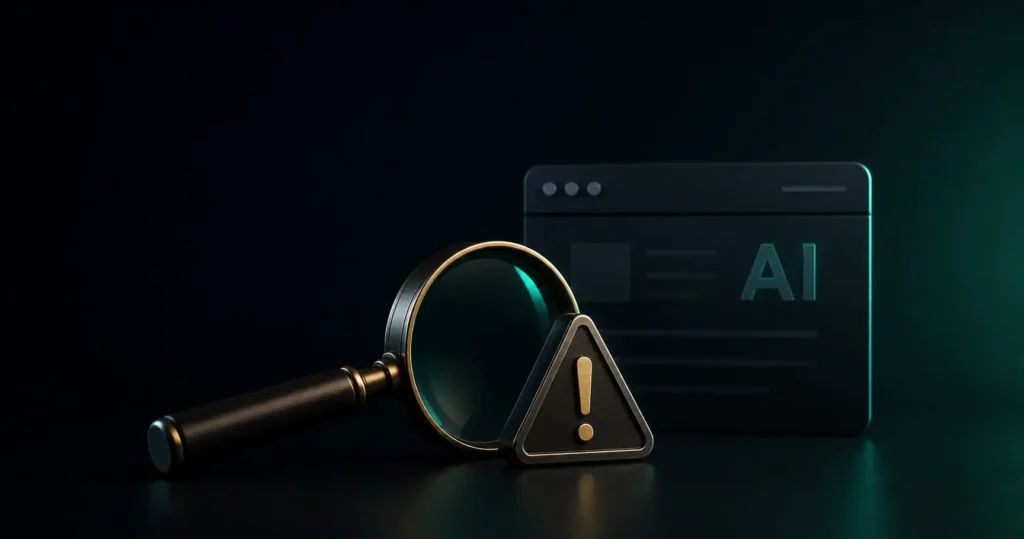 Magnifying glass and warning icon in front of an AI search interface, representing website visibility issues in AI search and the need for optimization.