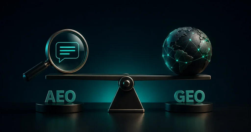 3D comparison of AEO and GEO on a balanced scale, representing the need for both answer visibility and broader generative search reach.