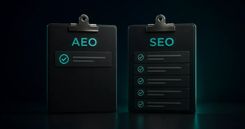 Two dark clipboards comparing AEO and SEO, with a shorter checklist under AEO and a longer checklist under SEO on a premium dark background.