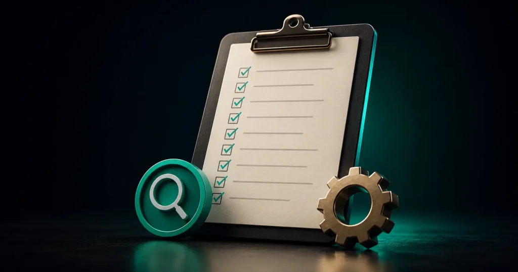 3D illustration of an AI SEO checklist with completed optimization tasks, a search icon and a settings gear.