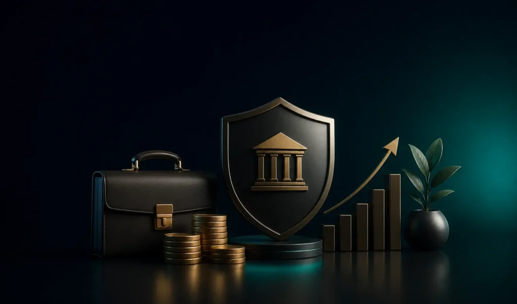 3D illustration of wealth management growth with a financial shield, investment briefcase, stacked coins and rising chart.