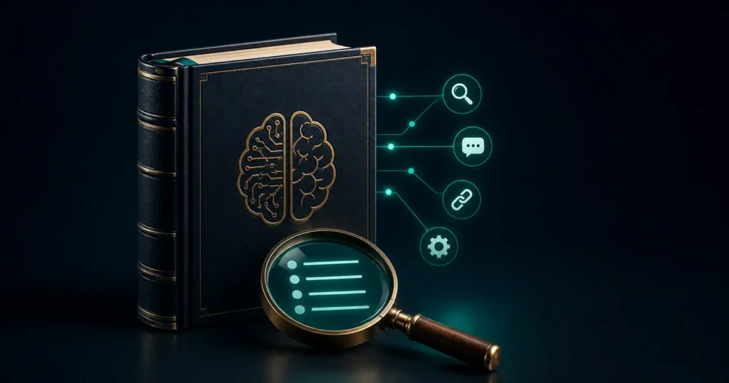 3D illustration of an AI SEO glossary book with connected search, content, linking and optimization concepts.