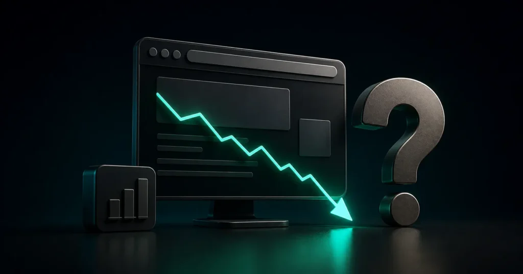 3D illustration of declining website traffic with a downward analytics graph and question mark representing AI search impact.
