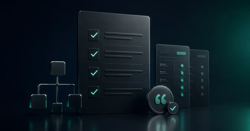 3D illustration of a B2B SaaS AEO checklist with schema structure, comparison-page panels, and citation verification signals on a dark branded background.