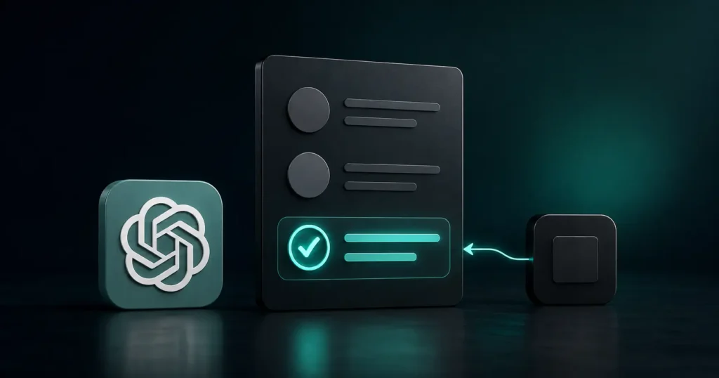 3D illustration of a brand being selected for ChatGPT’s competitor alternatives list with a highlighted recommendation and approval checkmark.