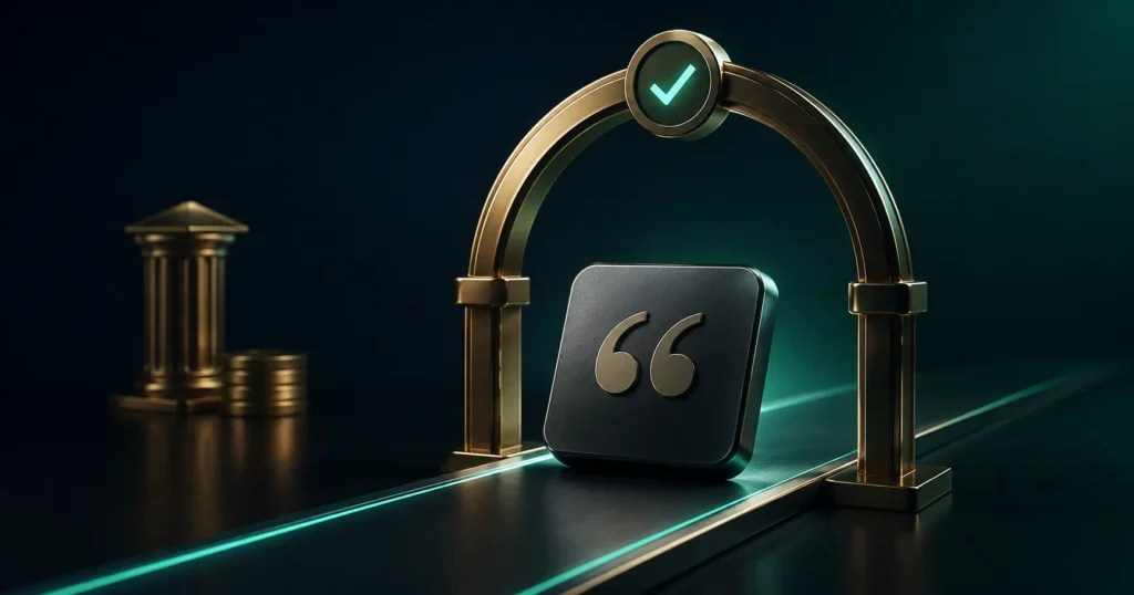 3D illustration of an RIA citation passing through a compliance gateway while following SEC and FINRA rules.