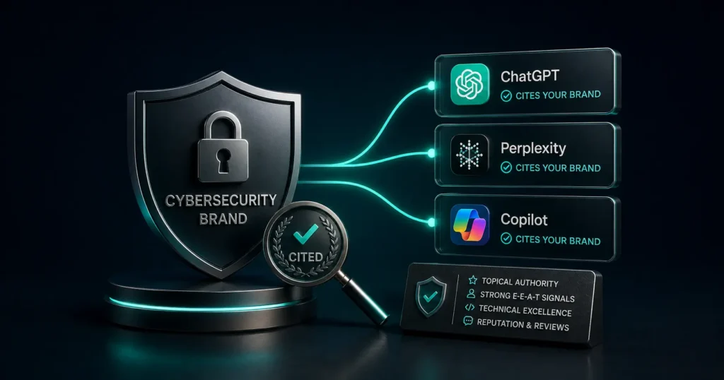 3D illustration of a cybersecurity brand being cited by ChatGPT, Perplexity and Microsoft Copilot.