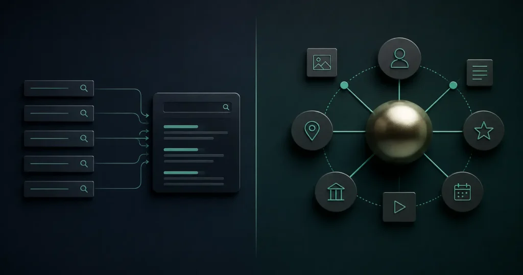 Visual comparison of keyword-based search signals versus connected entity relationships, showing how SEO evolved from keywords to entity understanding