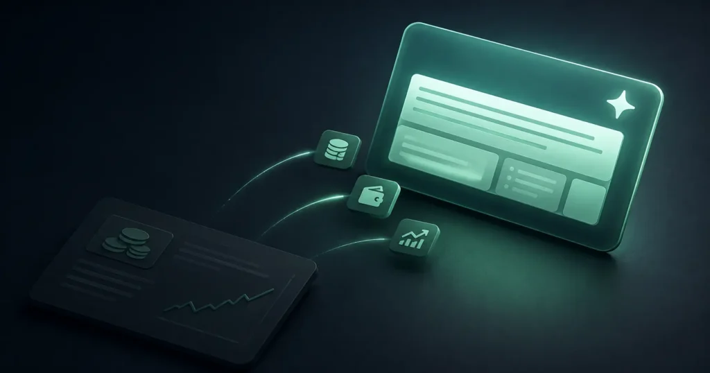 3D illustration showing financial search signals flowing away from a traditional finance page toward an AI Overview result for high-intent money queries.