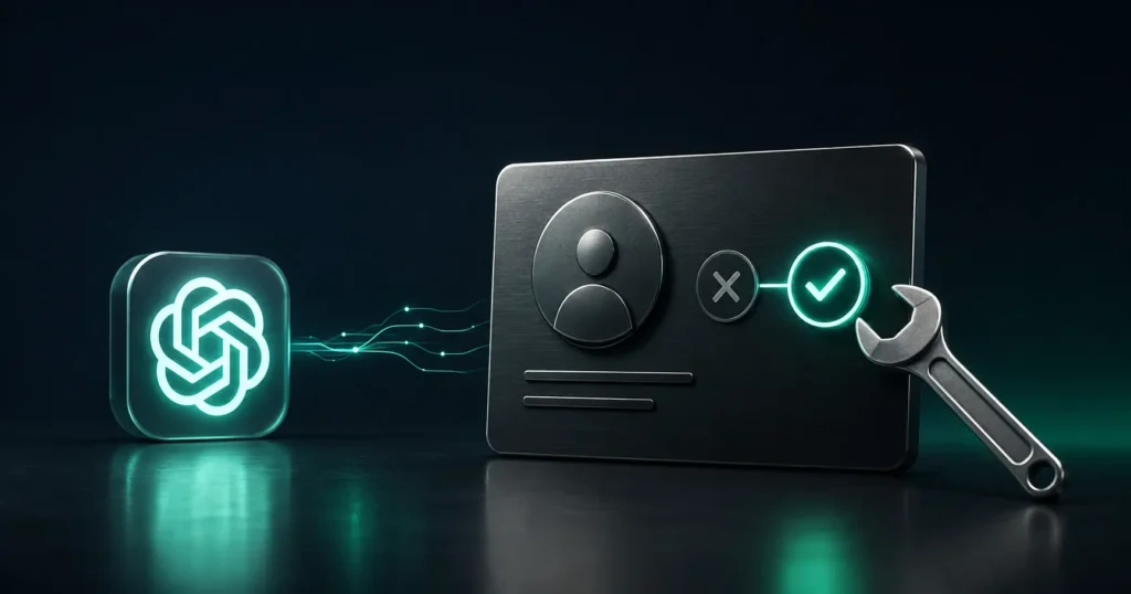 3D illustration of incorrect ChatGPT brand information being corrected with a repair tool and verification checkmark.