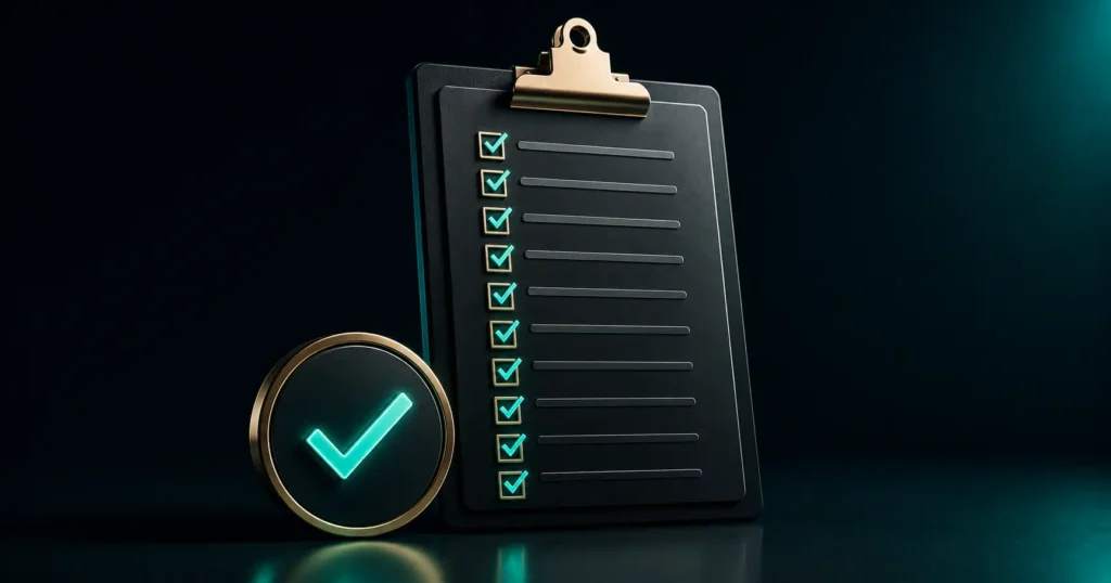 3D illustration of a completed GEO checklist with multiple optimization steps for ranking in generative AI search.