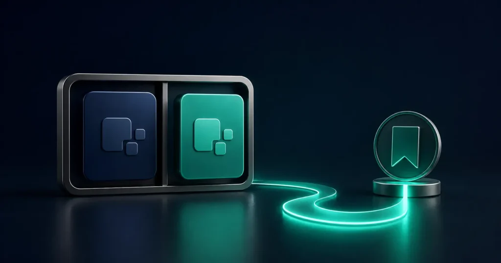 3D illustration of two SaaS products being compared, with an optimized pathway leading to a featured alternative recommendation.