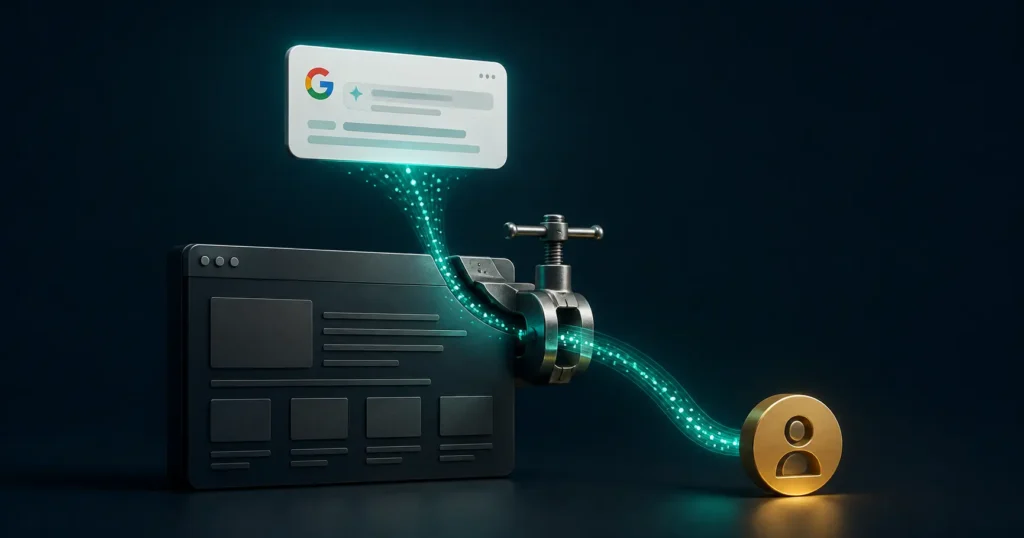 3D illustration of Google AI Overviews diverting website traffic, with a control valve redirecting visitors back toward the firm.