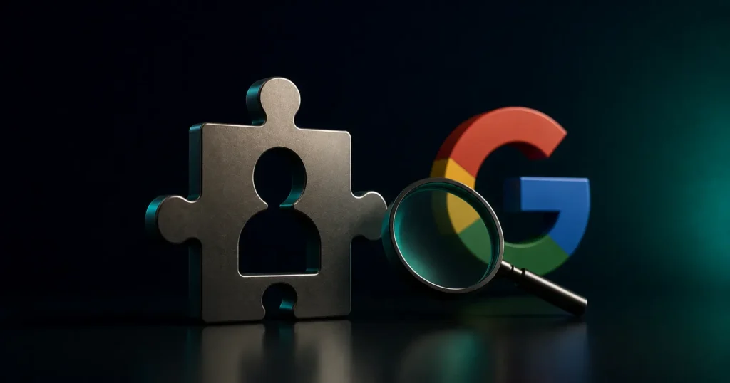 3D illustration of Google searching for a missing brand entity using a magnifying glass and identity puzzle piece.
