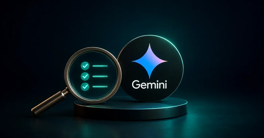 3D illustration of the Google Gemini logo beside an optimization checklist viewed through a magnifying glass.