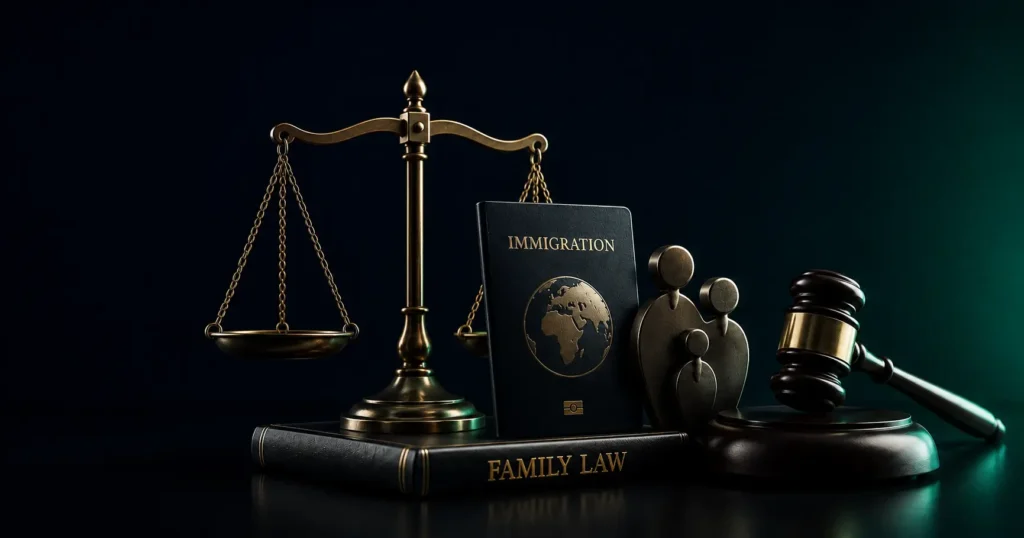 Legal scales, immigration document, family figures, and a wooden gavel representing immigration and family law matters.