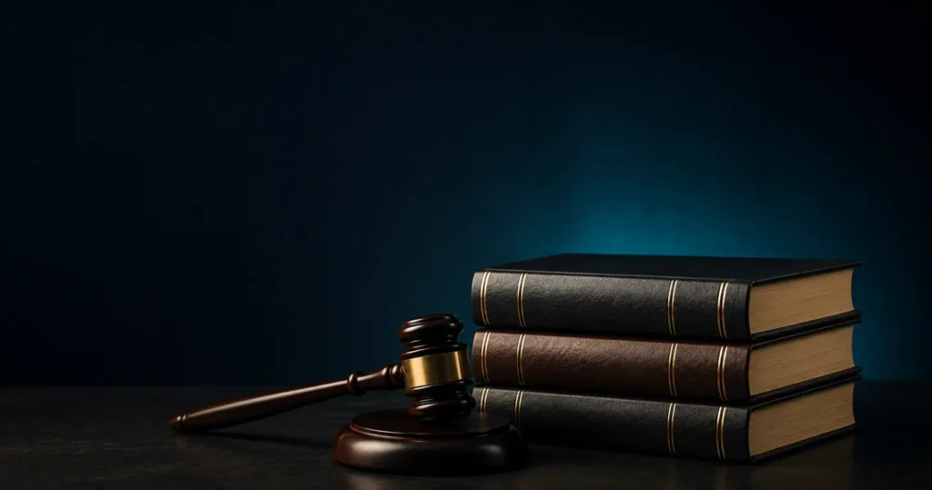 Realistic law books and a wooden gavel representing law firm SEO and AI SEO strategies that drive cases in 2026.
