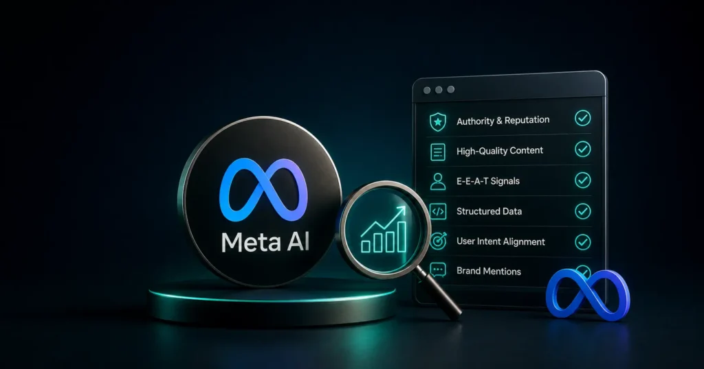 3D illustration of Meta AI SEO optimization with the Meta logo, search analysis and key visibility signals.