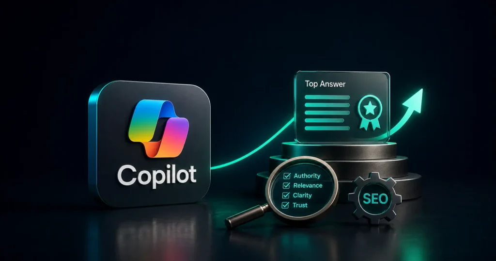 3D illustration of Microsoft Copilot highlighting a firm as the top recommended answer through AI search optimization.