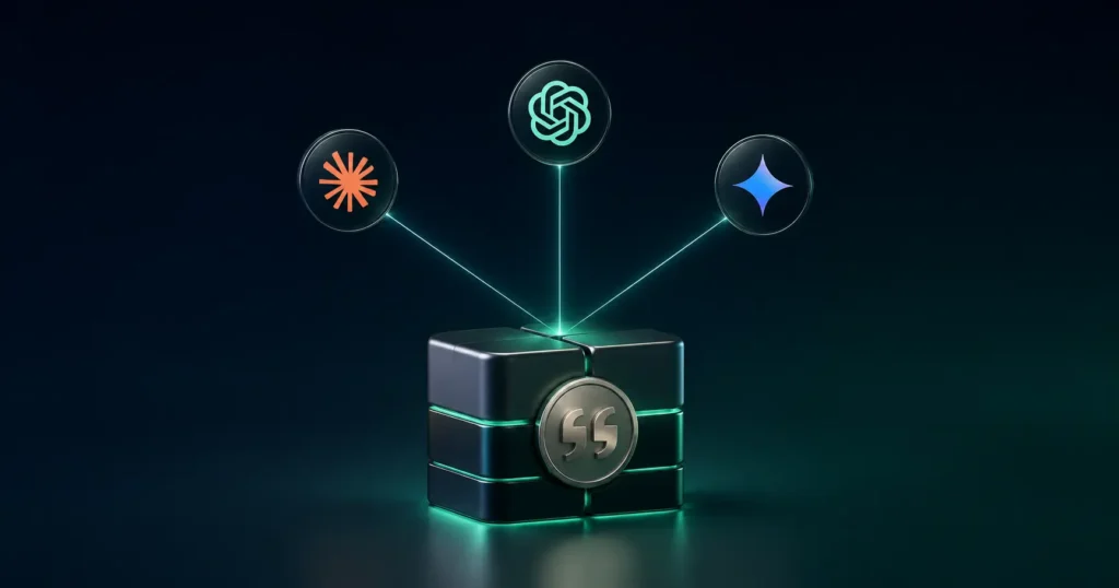 3D illustration of a SaaS brand being cited by ChatGPT, Claude and Google Gemini through connected AI search signals.