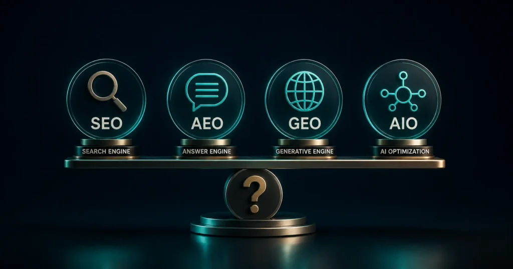 3D comparison of SEO, AEO, GEO and AIO on a balanced scale, representing which search optimization approach matters in 2026.