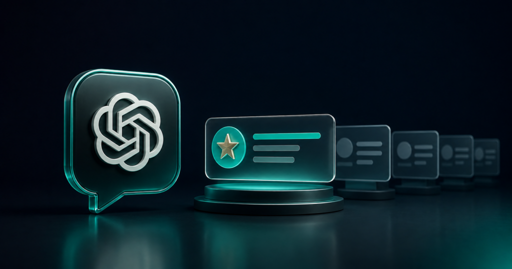 3D illustration of ChatGPT highlighting a recommended software product among multiple options in an AI-generated answer.