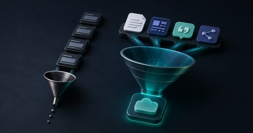 3D comparison of a traditional SEO funnel and a GEO funnel combining multiple AI search signals for SaaS visibility.