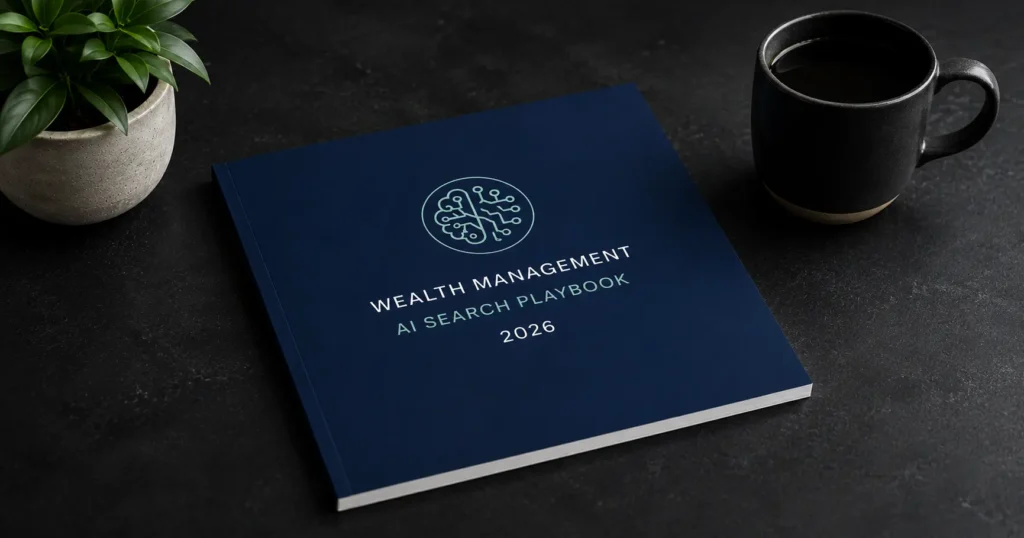Wealth management AI search playbook placed on a dark desk with a coffee mug and plant, representing an AI search strategy for 2026.