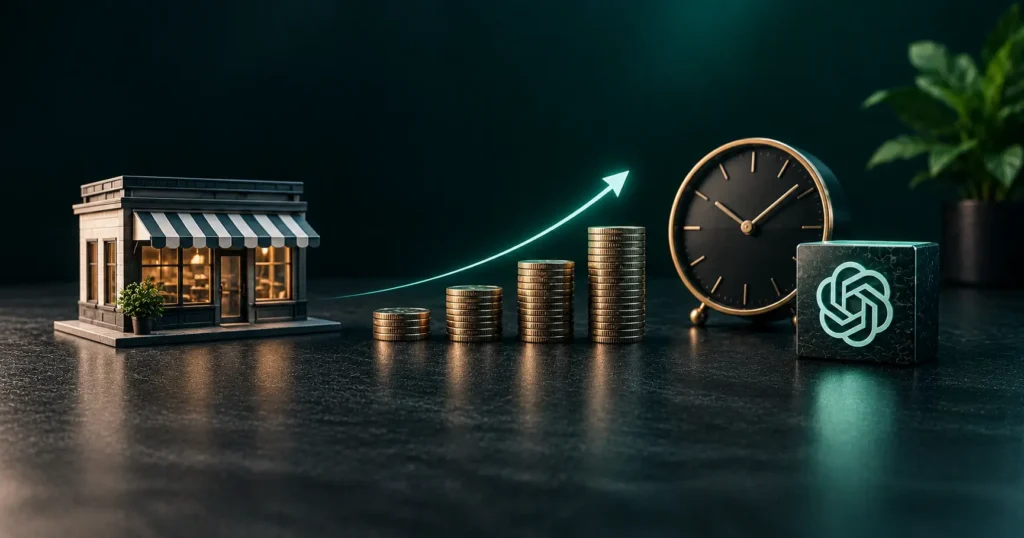 Small business storefront with rising coin stacks, a clock, and AI search symbol representing AEO costs, timelines, and potential ROI.