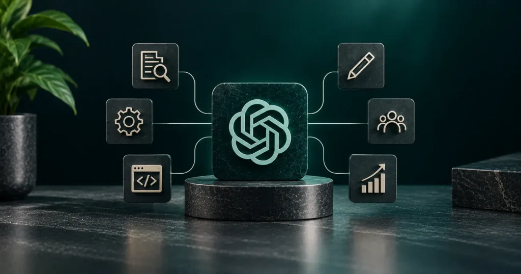 Premium AI SEO agency workflow showing research, technical optimization, content, collaboration, and growth services connected to a central AI search hub.