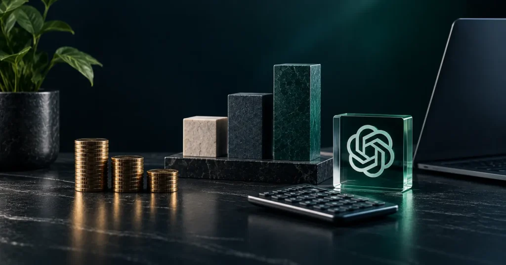 Premium AI SEO pricing concept with coin stacks, tiered pricing blocks, a calculator, and an AI search icon representing different pricing models