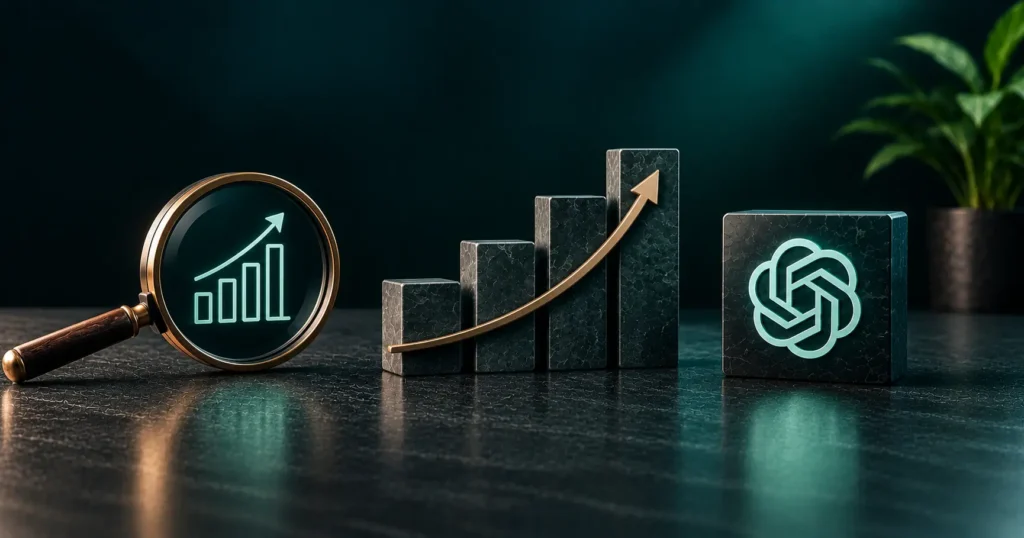 Premium AI SEO ROI concept showing measurable growth, performance tracking, and attribution signals connected to AI search visibility.